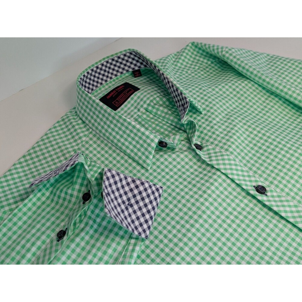 Jared Lang After Hours Green Gingham Slim Fit Dress Shirt Medium Long Sleeve VGC